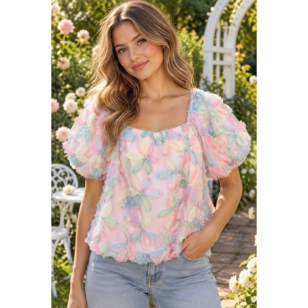 Flying Tomato M Pink Pastel 3D Floral Blouse Puff Sleeve Sheer Boho Cottagecore